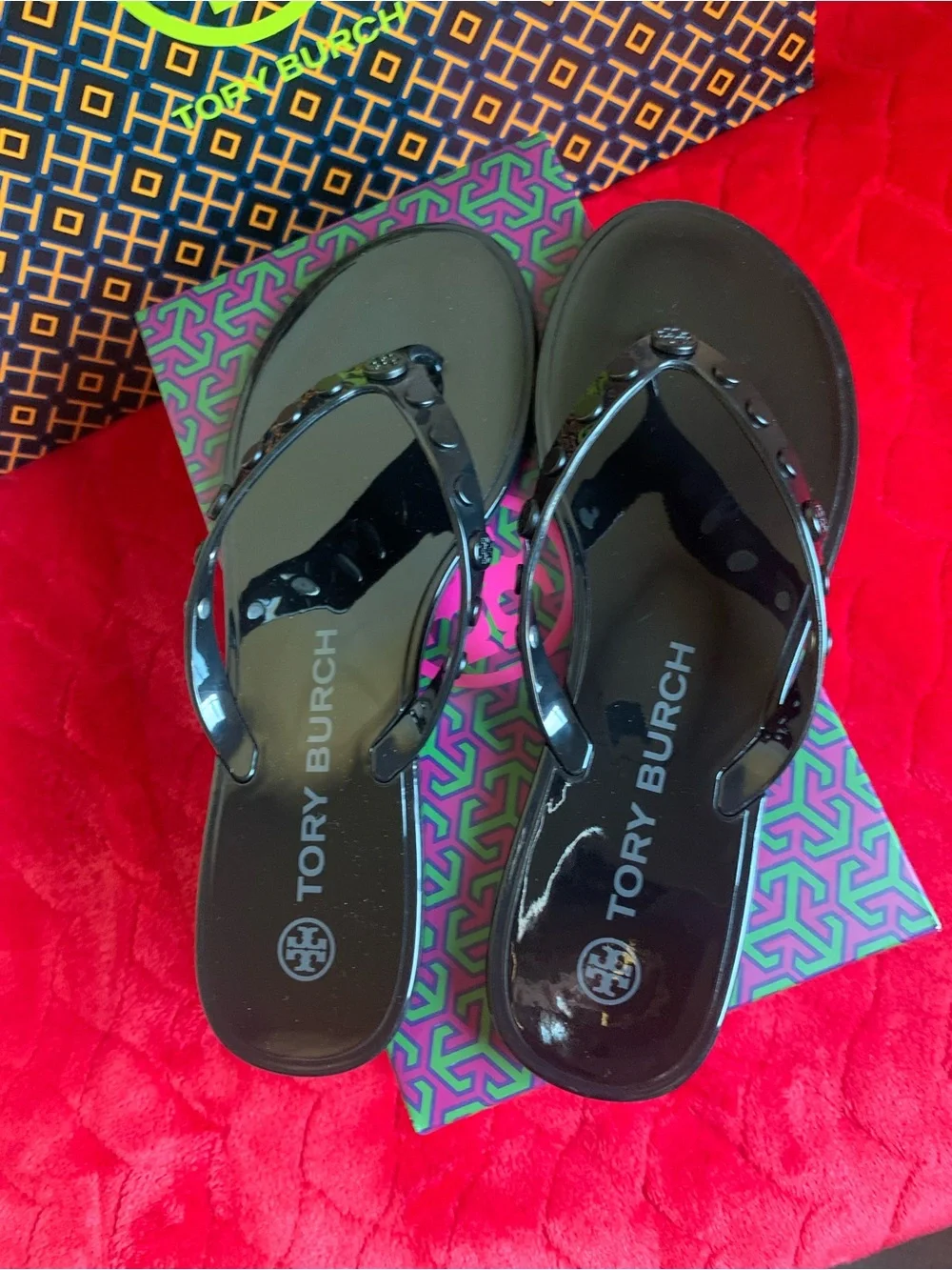Tory Burch Black Patent Logo Jelly Flip Sandals